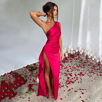 Sexy One-Shoulder Backless Satin Dress with Slit for Women