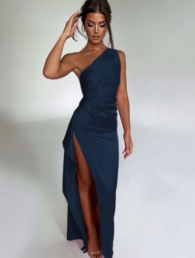 Sexy One-Shoulder Backless Satin Dress with Slit for Women