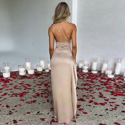 Sexy One-Shoulder Backless Satin Dress with Slit for Women