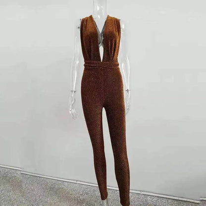 Sexy Sparkle Jumpsuit Women Off Shoulder Lace Up Bodycon Bandage Long Pants Glitter Backless Party Club Rompers Womens Jumpsuits