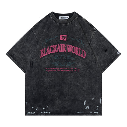 Retro Washed And Worn Cut Letter Foam T-shirt