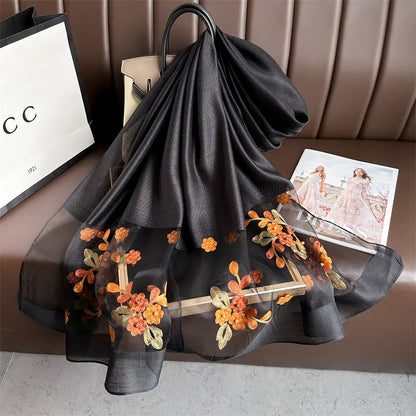 Luxury Women Hijab Shiny Lace Scarf Silk Soft Wool Shawls and Wraps Embroidery Flower Thin Scarves Foulard Female Bufanda New