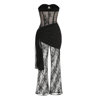 Luxury celebrity photography party nightclub evening gown lace strapless slim fit jumpsuit dress