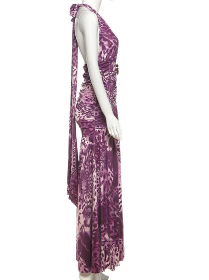 kliou Luxury Sexy Women Dress Aesthetic Vintage Halter V-neck Pleated High Split Backless Maxi Bodycon Female Night Party Frock