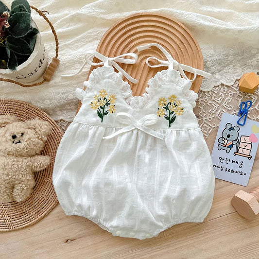 Summer Charming Sleeveless Bow Tie Flower Embroidered Infant Newborn Girls