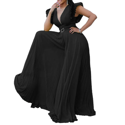 Luxury Jumpsuits & Rompers Pleated for Women V Neck Ruffles Sleeve Floor Length High Quality Elegant Birthday Party Dinner Cloth