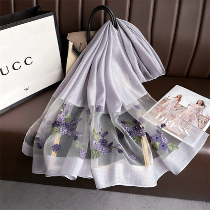 Luxury Women Hijab Shiny Lace Scarf Silk Soft Wool Shawls and Wraps Embroidery Flower Thin Scarves Foulard Female Bufanda New