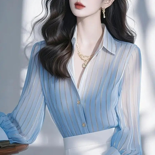 Luxury Light Blue Striped Shirt for Women's Spring New French Style Chiffon