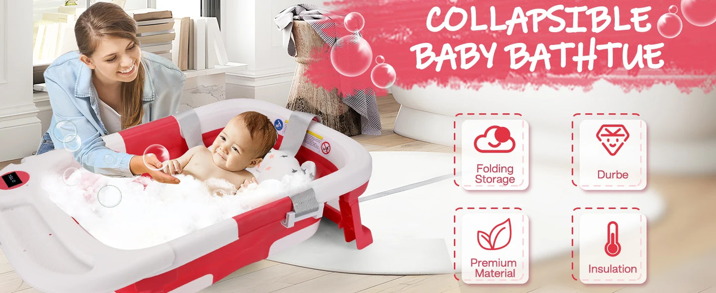 Baby Bathtub, Baby Bath Tub with Soft Cushion & Thermometer, Baby