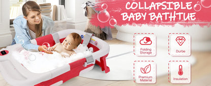 Baby Bathtub, Baby Bath Tub with Soft Cushion & Thermometer, Baby