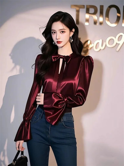 Luxury Satin Shirt Women Spring Summer New Coat Unique Beautiful Waist Jacket French Blouse Chic Outerwear Female Overcoat Tops
