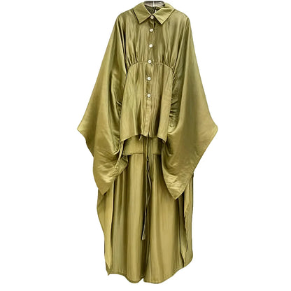 VGH Luxurious Two Piece Set for Women Lapel Flare Sleeve Tunic Top High Waist Wide Lae Pant Temperament Party Suit Female Style