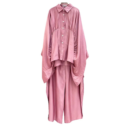 VGH Luxurious Two Piece Set for Women Lapel Flare Sleeve Tunic Top High Waist Wide Lae Pant Temperament Party Suit Female Style