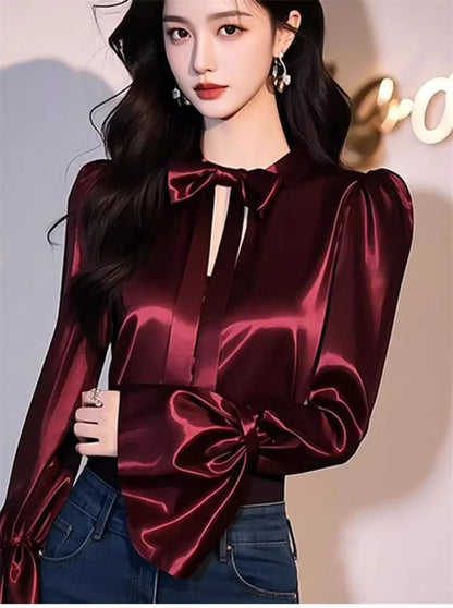Luxury Satin Shirt Women Spring Summer New Coat Unique Beautiful Waist Jacket French Blouse Chic Outerwear Female Overcoat Tops
