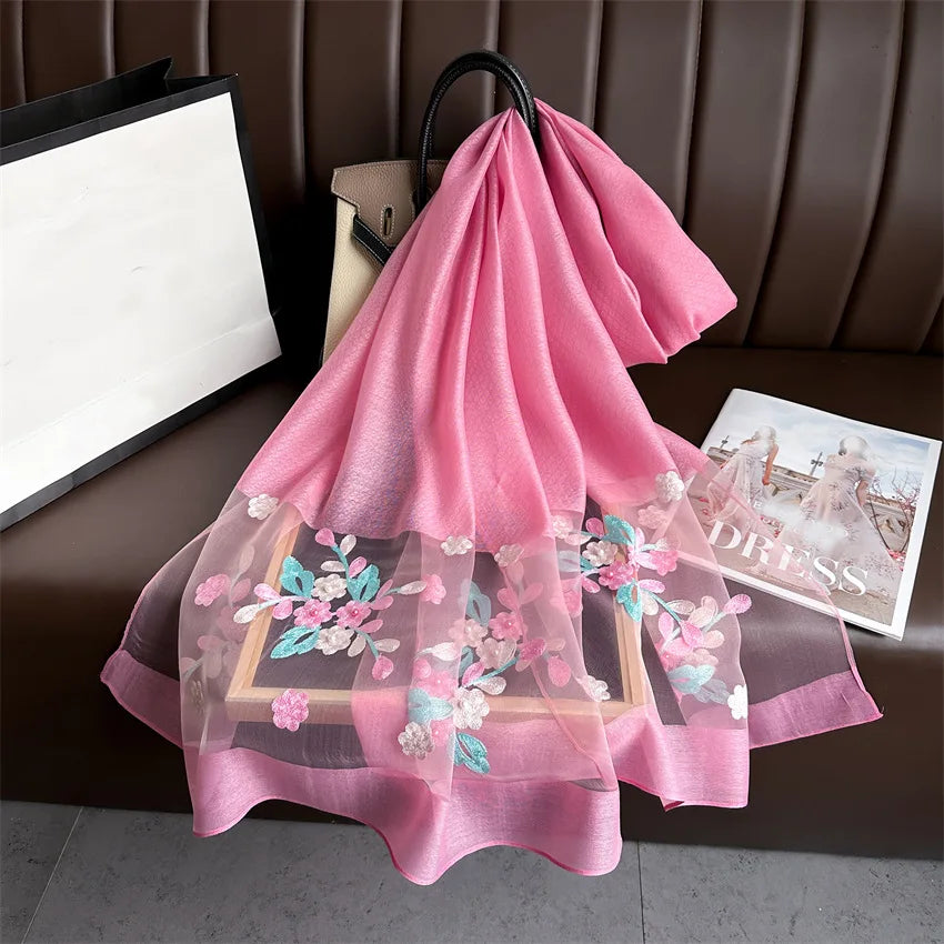 Luxury Women Hijab Shiny Lace Scarf Silk Soft Wool Shawls and Wraps Embroidery Flower Thin Scarves Foulard Female Bufanda New
