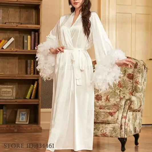 Luxury Feather Wedding Long Robe Dress Bride Home Dressing Gown Loose Casual Silk Satin Kimono Bathrobe Gown Negligee Sleepwear