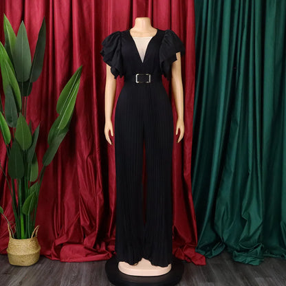 Luxury Jumpsuits & Rompers Pleated for Women V Neck Ruffles Sleeve Floor Length High Quality Elegant Birthday Party Dinner Cloth