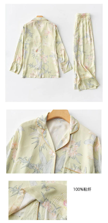 Luxury Floral Pajama Set Women Silk-like Viscose Loungewear Elegant Lily Print Sleepwear 2 Piece with Piping Long Sleeve Suit