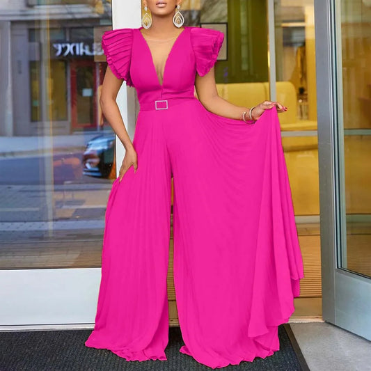 Luxury Jumpsuits & Rompers Pleated for Women V Neck Ruffles Sleeve Floor Length High Quality Elegant Birthday Party Dinner Cloth