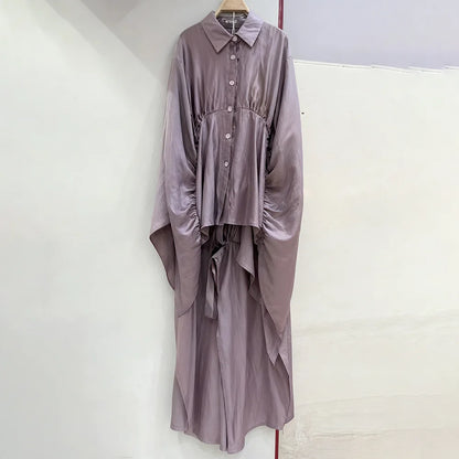 VGH Luxurious Two Piece Set for Women Lapel Flare Sleeve Tunic Top High Waist Wide Lae Pant Temperament Party Suit Female Style