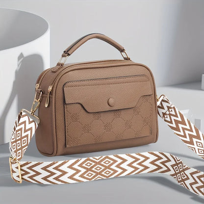 Women's Synthetic Leather Messenger Bag with Detachable Strap, Multi Layer Compartments, Chic Crossbody Purse for School, Travel