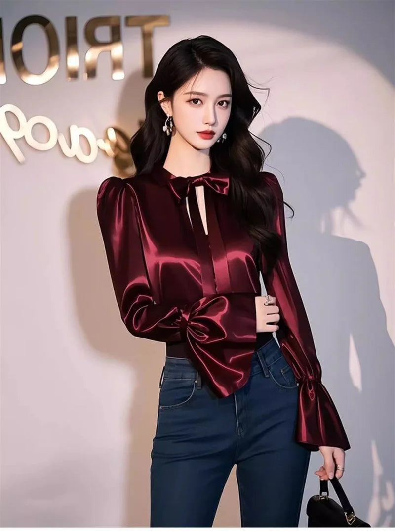Luxury Satin Shirt Women Spring Summer New Coat Unique Beautiful Waist Jacket French Blouse Chic Outerwear Female Overcoat Tops