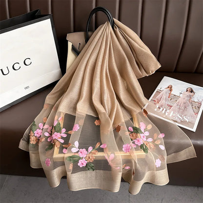Luxury Women Hijab Shiny Lace Scarf Silk Soft Wool Shawls and Wraps Embroidery Flower Thin Scarves Foulard Female Bufanda New