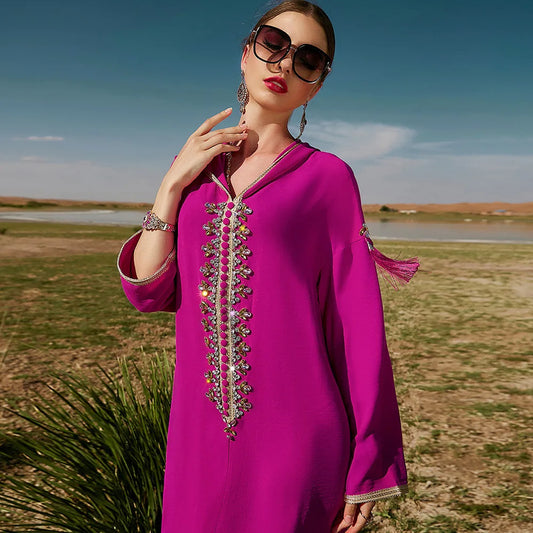 Luxury Dubai Abaya Diamonds Kaftan Jalabiya Eid Djellaba Women Muslim Dress Hooded Robe Femme Musulmane Vestidos Islam Clothing