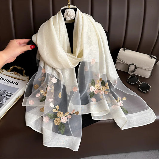 Luxury Women Hijab Shiny Lace Scarf Silk Soft Wool Shawls and Wraps Embroidery Flower Thin Scarves Foulard Female Bufanda New