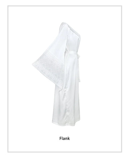 Women Robe White Satin Dressing Gown Lace Splicing Pijama Long Sleeved Luxury Bathrobe Home Wear Nightgowns Elegent Shower Robe