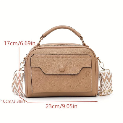 Women's Synthetic Leather Messenger Bag with Detachable Strap, Multi Layer Compartments, Chic Crossbody Purse for School, Travel