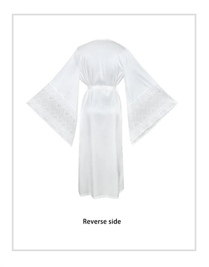 Women Robe White Satin Dressing Gown Lace Splicing Pijama Long Sleeved Luxury Bathrobe Home Wear Nightgowns Elegent Shower Robe