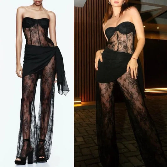 Luxury celebrity photography party nightclub evening gown lace strapless slim fit jumpsuit dress