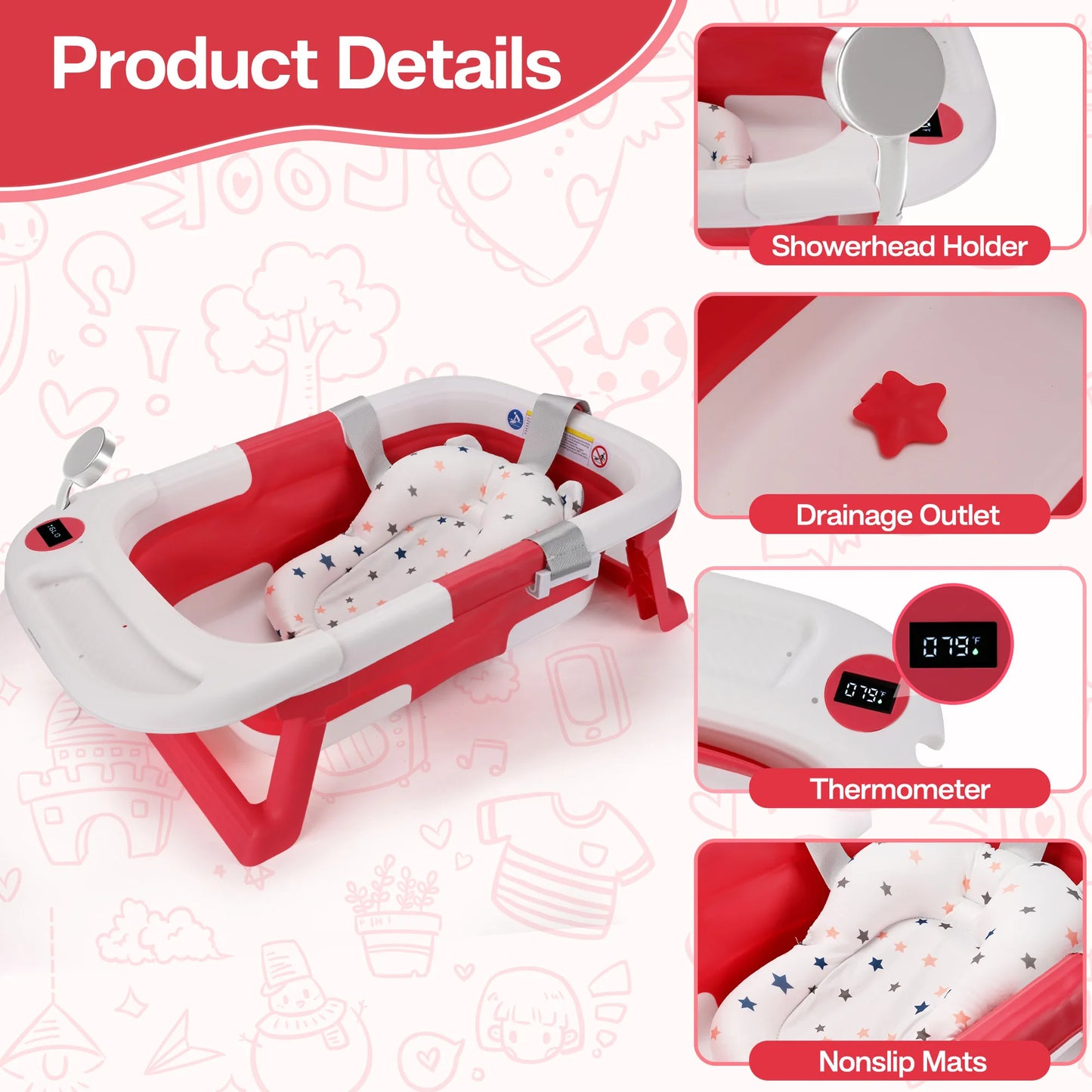Baby Bathtub, Baby Bath Tub with Soft Cushion & Thermometer, Baby