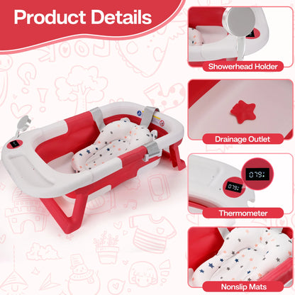 Baby Bathtub, Baby Bath Tub with Soft Cushion & Thermometer, Baby