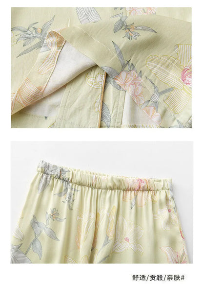 Luxury Floral Pajama Set Women Silk-like Viscose Loungewear Elegant Lily Print Sleepwear 2 Piece with Piping Long Sleeve Suit