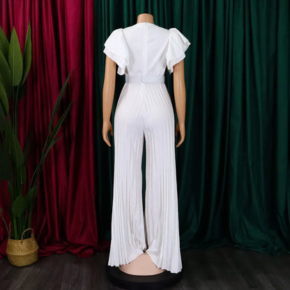 Luxury Jumpsuits & Rompers Pleated for Women V Neck Ruffles Sleeve Floor Length High Quality Elegant Birthday Party Dinner Cloth