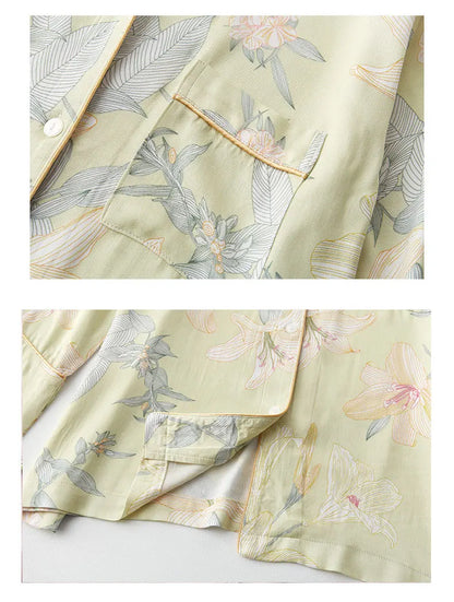 Luxury Floral Pajama Set Women Silk-like Viscose Loungewear Elegant Lily Print Sleepwear 2 Piece with Piping Long Sleeve Suit