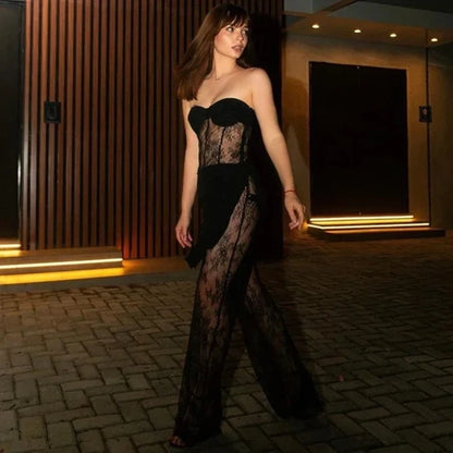 Luxury celebrity photography party nightclub evening gown lace strapless slim fit jumpsuit dress